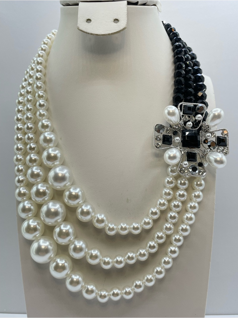 Statement Faux Pearl Black Crystal Multi Strand Necklace Silver Side Pendant